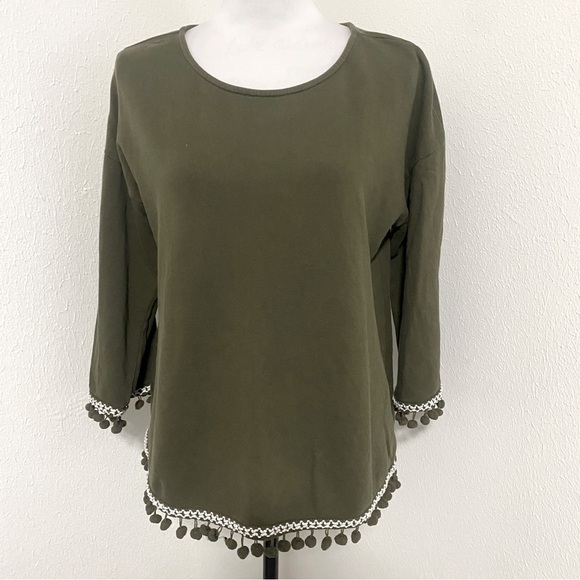 Loft Women’s Lounge Long Sleeve Pom Pom Fringe Cuffs and Bottom Medium Olive - Picture 1 of 8